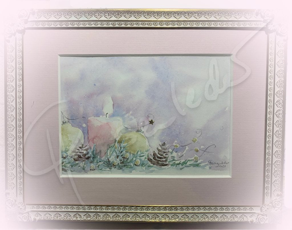 Im Kerzenlicht, Aquarell im antiken Rahmen