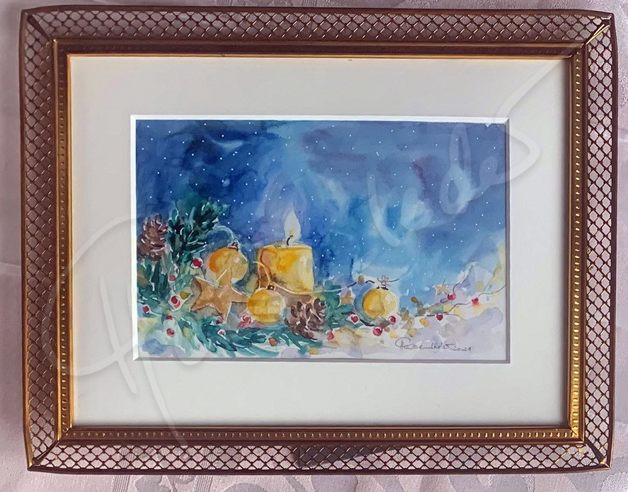 Im Kerzenlicht, Aquarell im antiken Rahmen